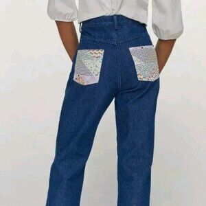 CARLEEN by Anthropologie Floral Patchwork Quilt Hi Rise Straight Jeans, Size 26
